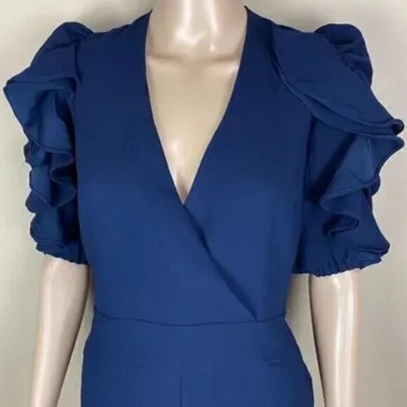 ML MONIQUE LHUILLIER Deep V-Neck Elbow Ruffle Sleeve Cropped Jumpsuit - Picture 2 of 2